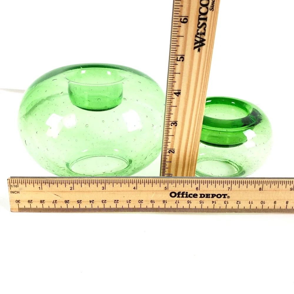 2Pc Art Glass Green Vase Votive Candle Holder Hand Blown Seeded Bubble Reversibl